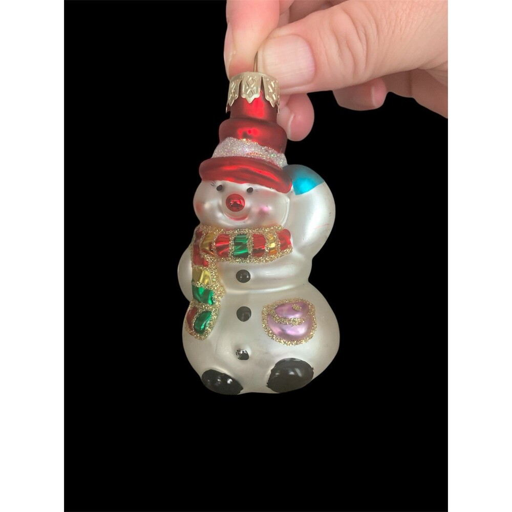 Vintage Christmas Ornament SNOWMAN Mercury Glass 3 1/2" Red Cap